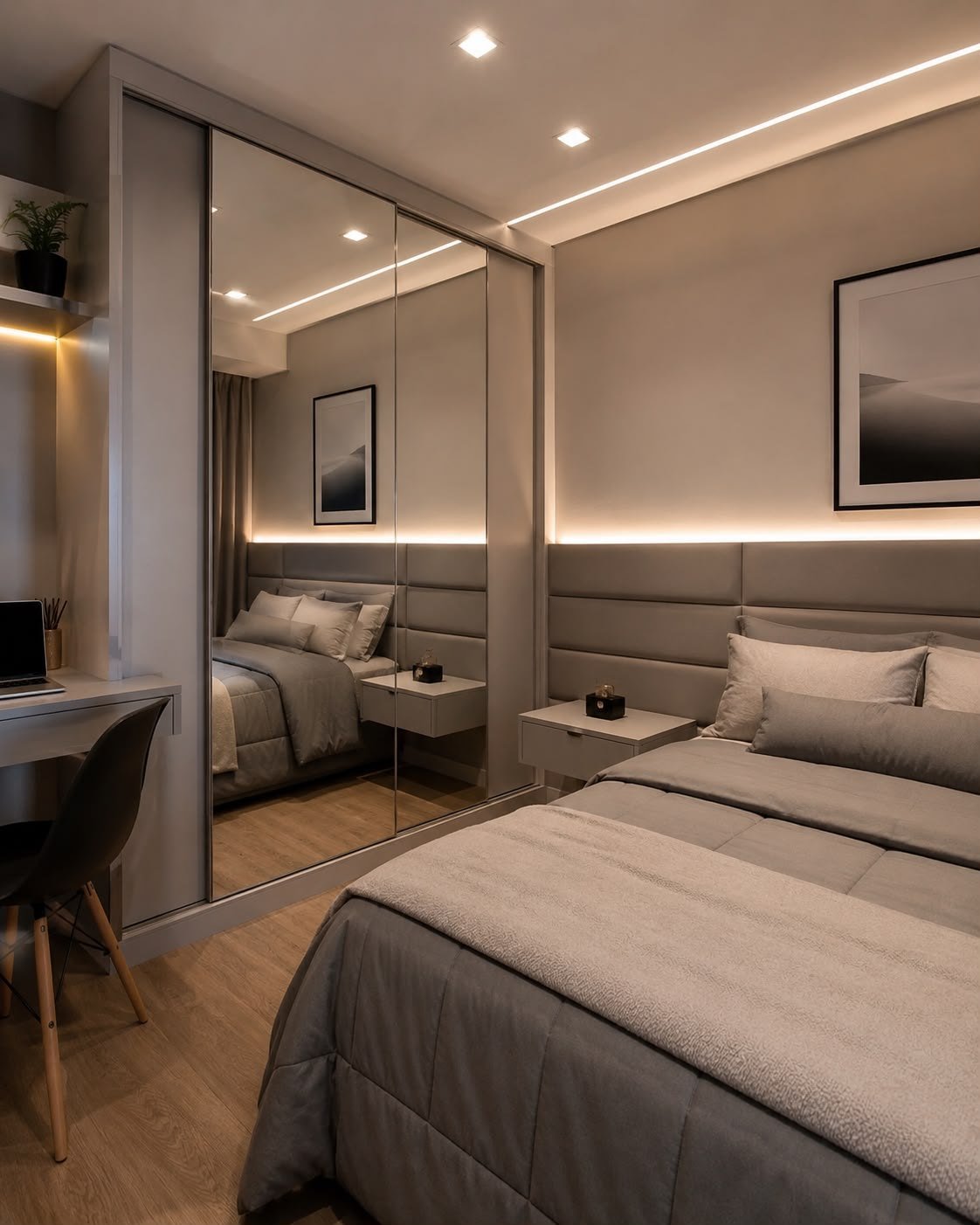 Closet planejado com módulos abertos e iluminação interna