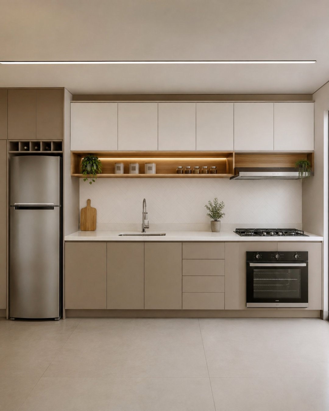 Cozinha planejada de apartamento com armários MDF capuccino fosco, aéreos brancos e nicho em madeira com LED