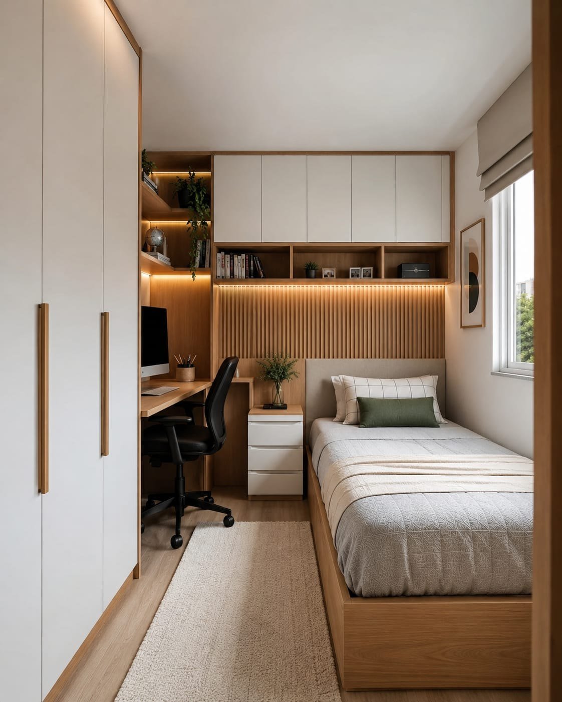 Quarto planejado com guarda-roupa integrado ao painel da cabeceira