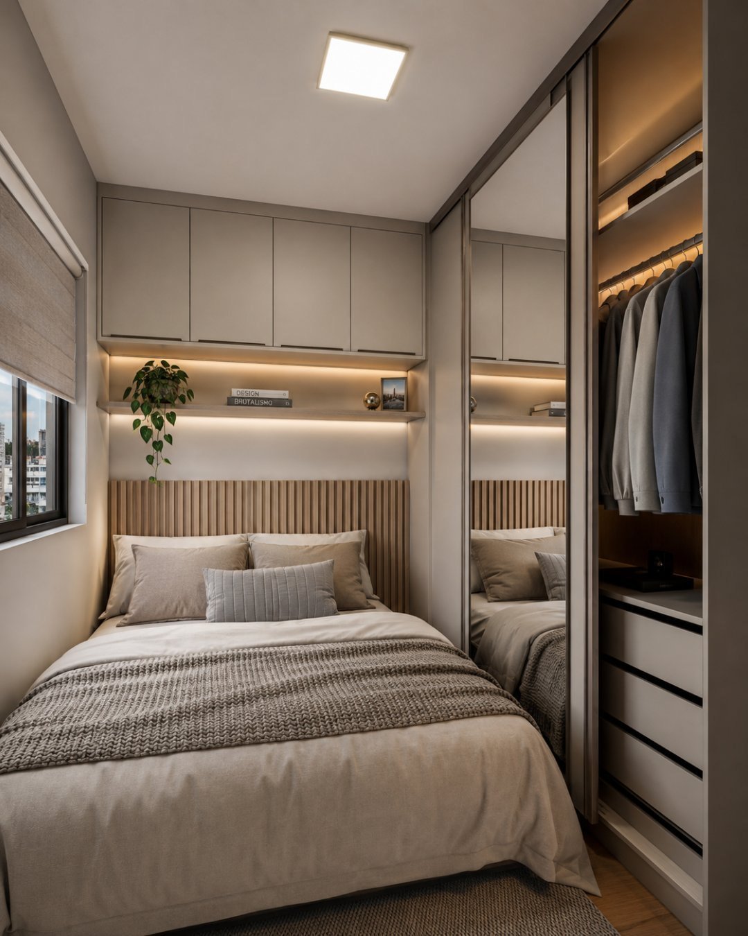Quarto compacto com armário espelhado, closet lateral e cabeceira ripada