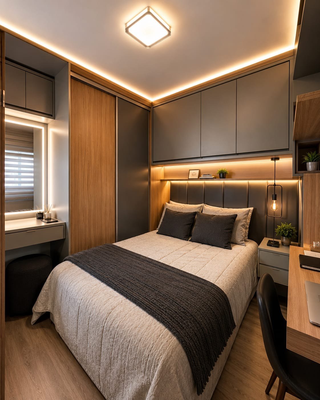 Quarto planejado com armários sob medida do piso ao teto e iluminação embutida