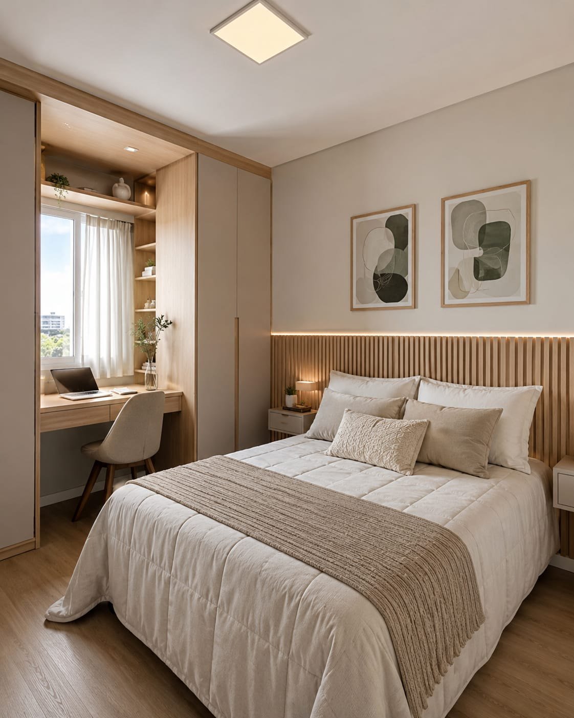 Quarto planejado com guarda-roupa sob medida e marcenaria integrada ao painel da cama